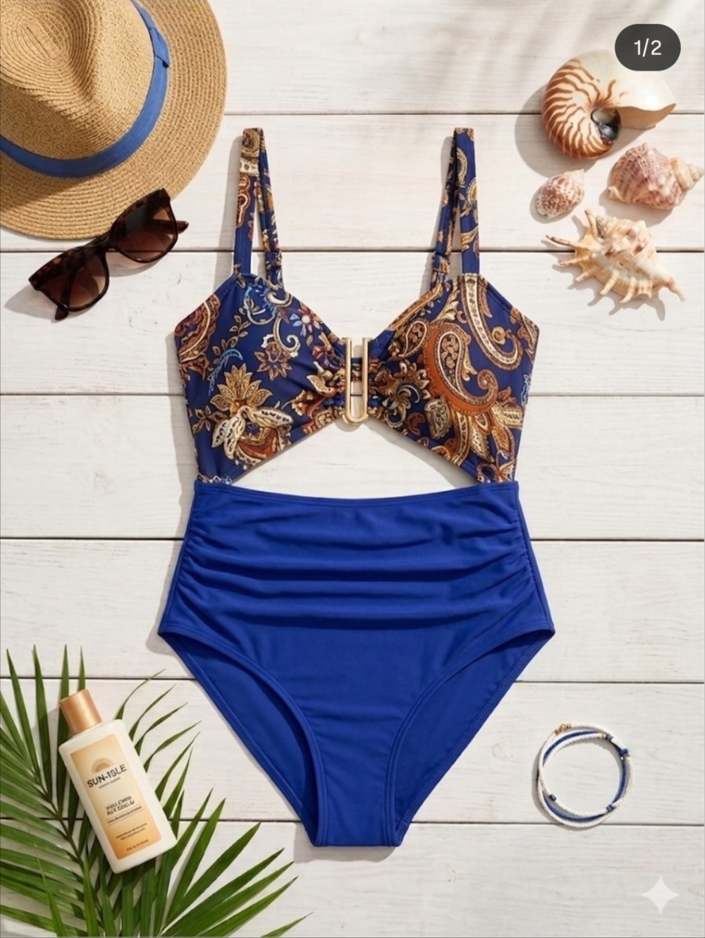 78. Cupshe Navy & Paisley Cutout One‑Piece Swimsuit Size Large NWOT